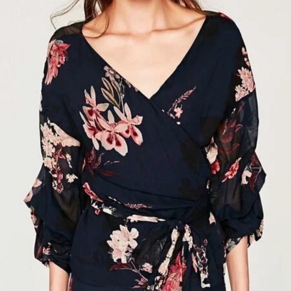 Zara navy and pink floral wrap top XS